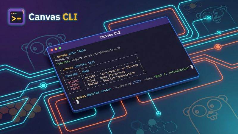 Terminal interface showing Canvas CLI commands with colorful output, Go-inspired design elements, and connected nodes representing API automation