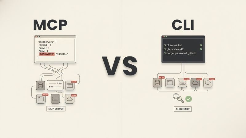 A split-frame editorial illustration titled MCP vs CLI on a cream background. The left side shows a JSON config snippet with an exposed PASSWORD field highlighted in red, and a cluster of service tiles (database, browser, ticket, cloud, chat) each tagged with a red API_KEY warning, all tangled into a central MCP SERVER box. The right side shows a clean terminal with commands cf zones list, gh pr view, bw get password, a keyring icon with a green check, and the same services arranged in an orderly row connected cleanly to a single CLI BINARY box.