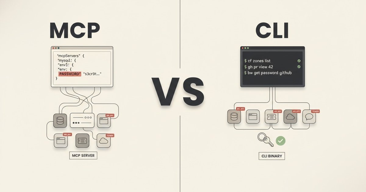 Ilustração editorial em painel duplo intitulada MCP vs CLI sobre fundo creme. À esquerda, um trecho de config JSON com um campo PASSWORD exposto e destacado em vermelho, junto a um grupo de ícones de serviços (banco de dados, navegador, tickets, nuvem, chat) cada um marcado com um aviso API_KEY em vermelho, todos emaranhados ao redor de um bloco central MCP SERVER. À direita, um terminal limpo com comandos cf zones list, gh pr view, bw get password, um ícone de keyring com um check verde, e os mesmos serviços organizados em fila conectados limpamente a um único bloco CLI BINARY.
