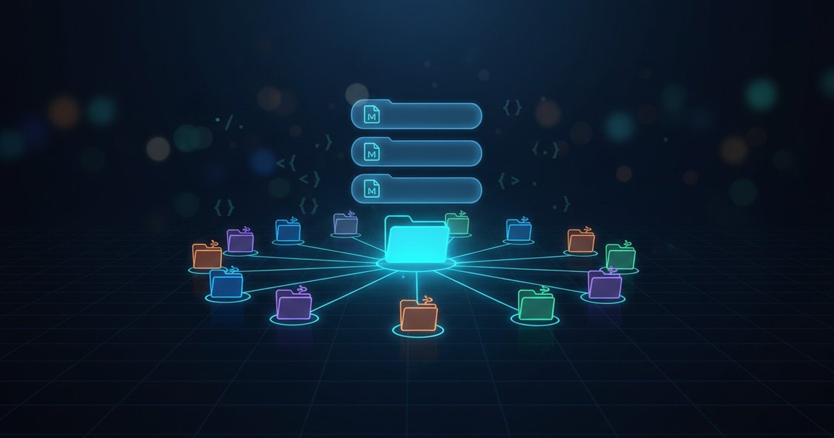 A glowing cyan folder at the center of a dark midnight blue scene, connected by thin neon lines to twelve smaller repository nodes orbiting around it. Above the central folder, three stacked horizontal layers represent a hierarchy of context, each containing a small markdown file icon. Faint code symbols drift in the background.