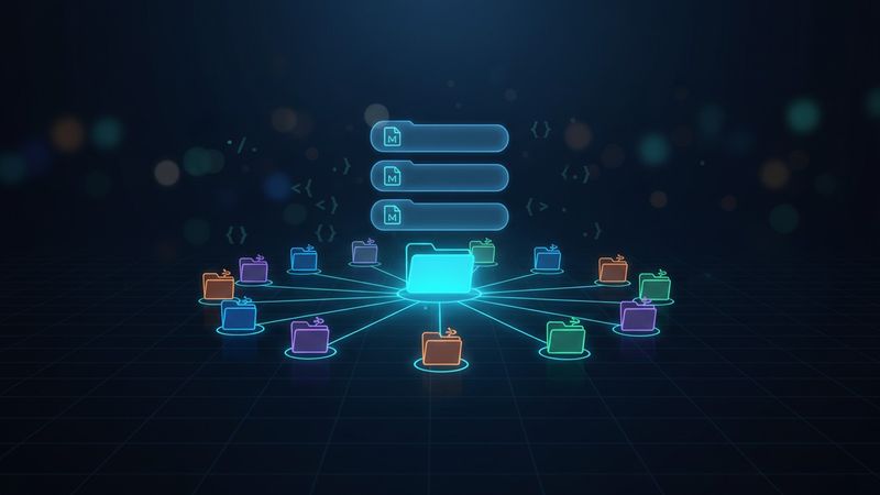 A glowing cyan folder at the center of a dark midnight blue scene, connected by thin neon lines to twelve smaller repository nodes orbiting around it. Above the central folder, three stacked horizontal layers represent a hierarchy of context, each containing a small markdown file icon. Faint code symbols drift in the background.