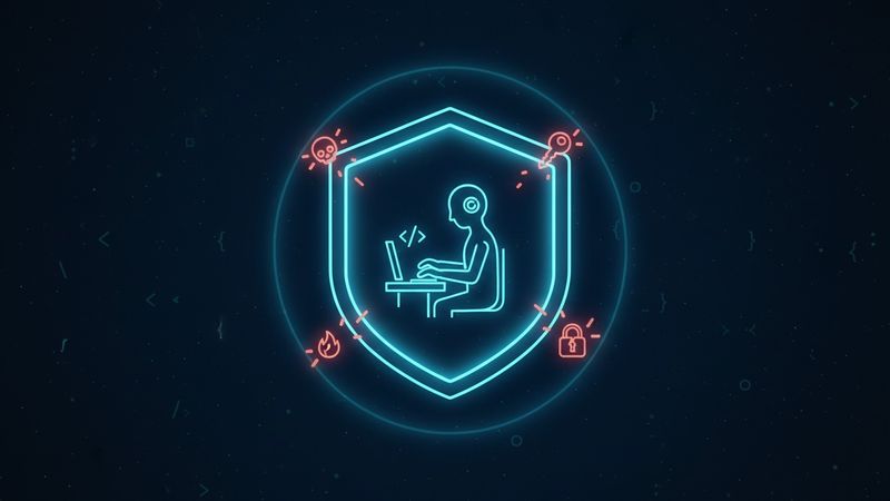 A large hexagonal cyan shield at the center of a dark midnight blue scene. Inside the shield, a stylized humanoid AI figure in cyan neon lines works calmly at a glowing terminal. Outside the shield, muted red-orange threat icons bounce off its surface with small impact sparks: a skull in the upper left, a cracked key in the upper right, a small flame in the lower left, a broken padlock in the lower right. Faint cyan code symbols drift softly in the background.