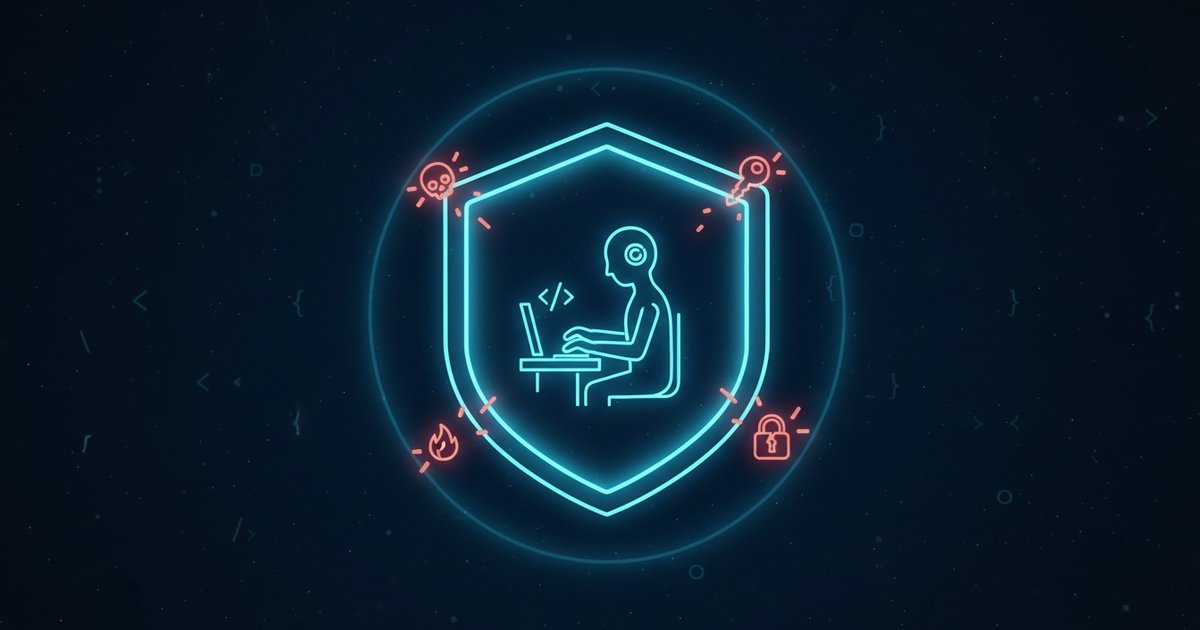 A large hexagonal cyan shield at the center of a dark midnight blue scene. Inside the shield, a stylized humanoid AI figure in cyan neon lines works calmly at a glowing terminal. Outside the shield, muted red-orange threat icons bounce off its surface with small impact sparks: a skull in the upper left, a cracked key in the upper right, a small flame in the lower left, a broken padlock in the lower right. Faint cyan code symbols drift softly in the background.