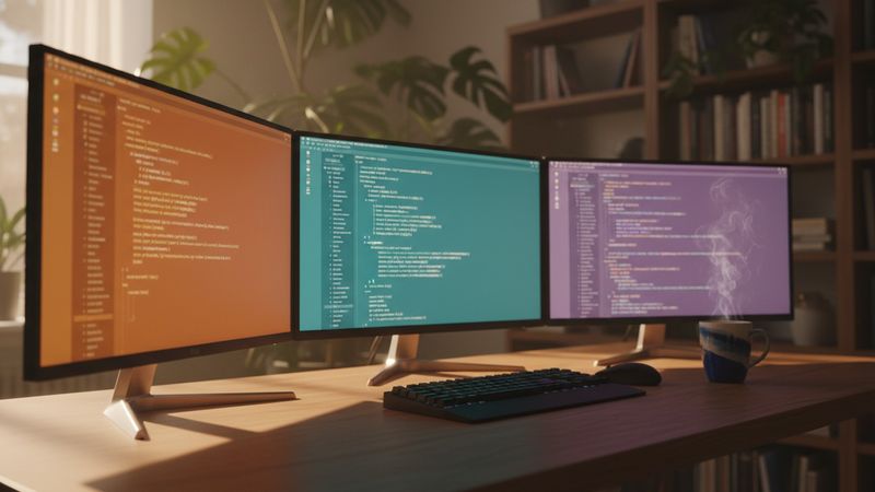 Cinematic photograph of a warm home-office workspace: three curved monitors on a wooden desk, each displaying a different code-editor theme (amber, teal, and purple) representing three parallel development contexts running side by side