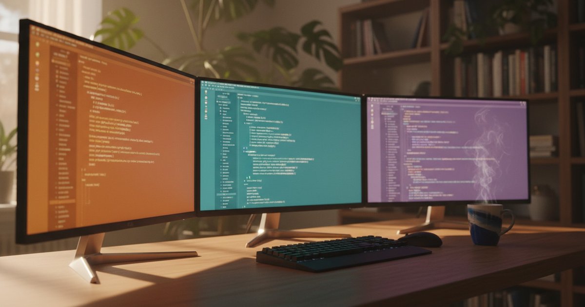 Fotografía cinematográfica de un espacio de trabajo cálido en casa: tres monitores curvos sobre un escritorio de madera, cada uno mostrando un tema de editor de código distinto (ámbar, turquesa y morado) que representan tres contextos de desarrollo paralelos corriendo lado a lado